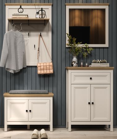 Garderobe Set 4-teilig Cozy in Kaschmir und Stein Eiche Landhaus Garderobenkombination 161 cm, Soft-Close