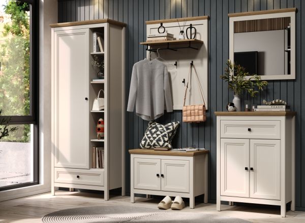 Garderobe Set 4-teilig Cozy in Kaschmir und Stein Eiche Landhaus Garderobenkombination 161 cm, Soft-Close