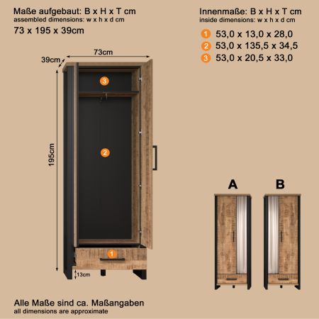 Garderobenschrank Loom in Mango und schwarz Garderobe 73 x 195 cm