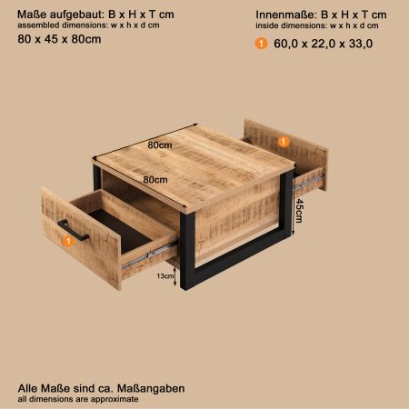 Couchtisch Loom in Mango und schwarz Beistelltisch quadratisch 80 x 80 cm