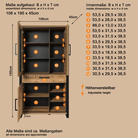 Vitrine Loom in Mango und schwarz Wohn- und Esszimmer Vitrinenschrank 106 x 195 cm