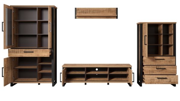 Wohnwand Loom in Mango und schwarz Wohnkombination 4-teilig 389 x 195 cm