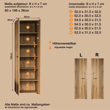 Garderobenschrank Feliz in Evoke Eiche Garderobe oder gro�er Schuhschrank 60 x 196 cm