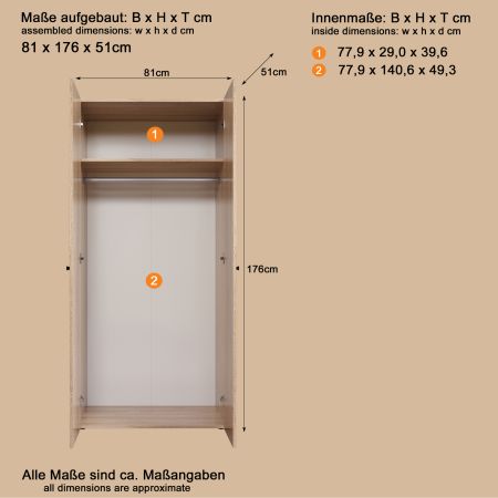 Kleiderschrank Purio in Sonoma Eiche hell Dreht�renschrank 2-t�rig 81 x 176 cm