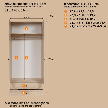 Kleiderschrank Purio in Sonoma Eiche hell Dreht�renschrank 2-t�rig 81 x 176 cm