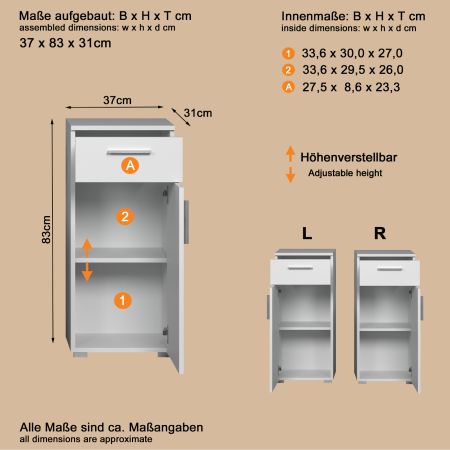 Badezimmer Kommode Bianco in wei� Hochglanz Badschrank 37 x 83 cm