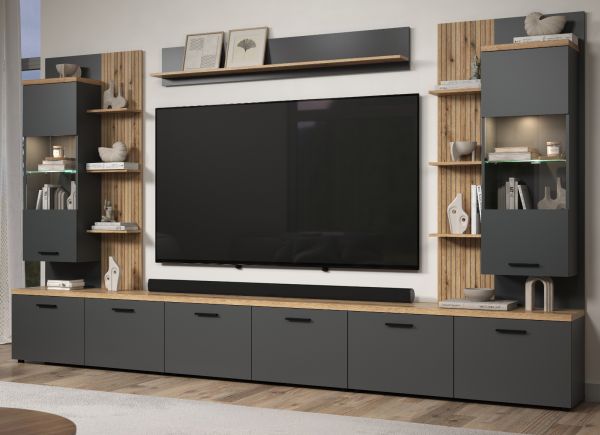 Wohnwand Groove in grau und Evoke Eiche Schrankwand 360 cm