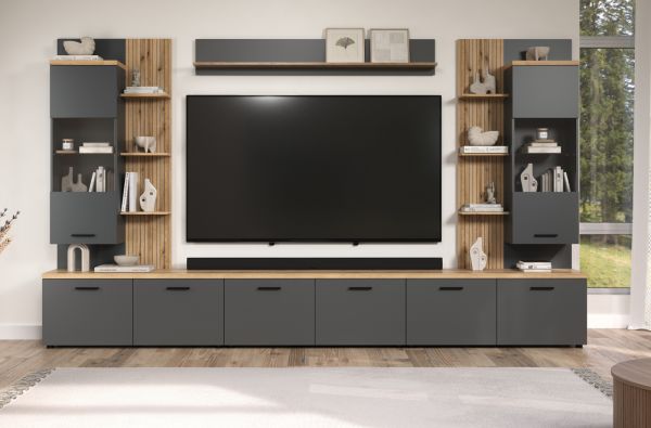 Wohnwand Groove in grau und Evoke Eiche Schrankwand 360 cm