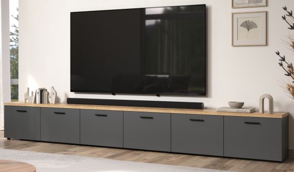 TV-Lowboard Groove in grau und Evoke Eiche TV Unterteil 360 cm