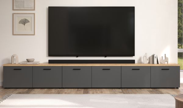 TV-Lowboard Groove in grau und Evoke Eiche TV Unterteil 360 cm