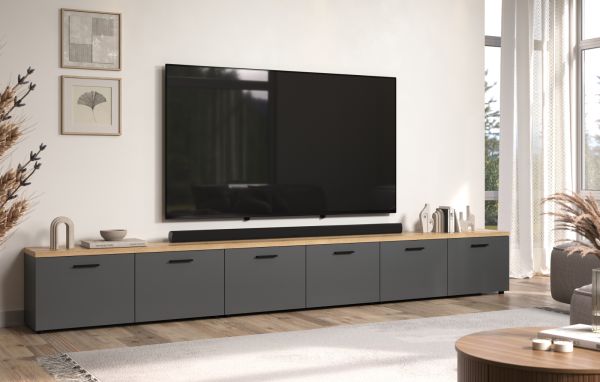 TV-Lowboard Groove in grau und Evoke Eiche TV Unterteil 360 cm