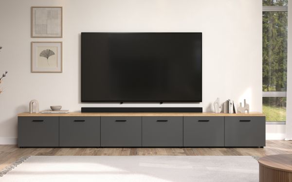 TV-Lowboard Groove in grau und Evoke Eiche TV Unterteil 360 cm