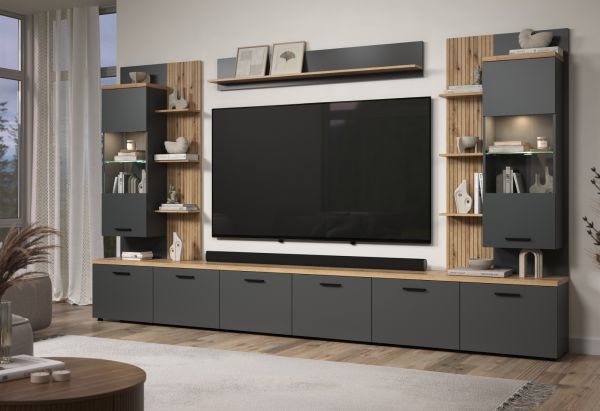 TV-Lowboard Groove in grau und Evoke Eiche TV Unterteil 360 cm