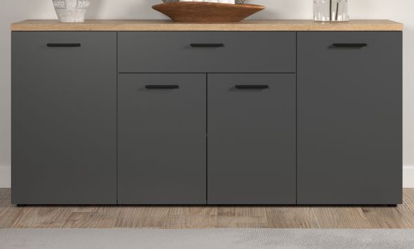 Sideboard Groove in Grau mit Evoke Eiche, 4-t�rige Kommode 180 x 85 cm