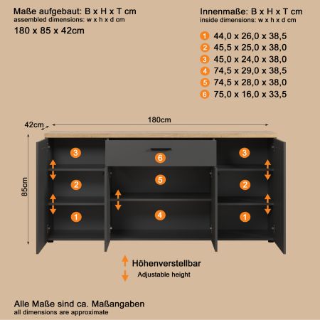 Sideboard Groove in Grau mit Evoke Eiche, 4-t�rige Kommode 180 x 85 cm