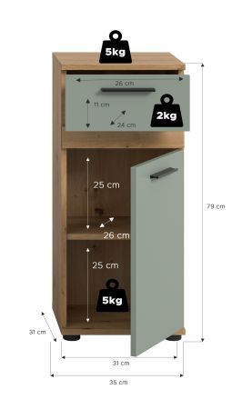 Badezimmer Kommode Bailey in Salbei und Artisan Eiche Badschrank 35 x 79 cm