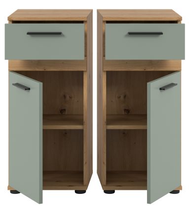 Badezimmer Kommode Bailey in Salbei und Artisan Eiche Badschrank 35 x 79 cm