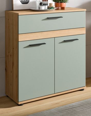 Badezimmer Kommode Bailey in Salbei und Artisan Eiche Badschrank 70 x 79 cm