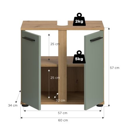 Waschbeckenunterschrank Bailey in Salbei und Artisan Eiche Badezimmer Unterschrank 60 cm
