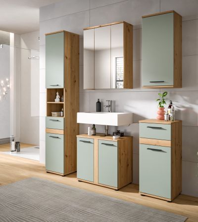 Waschbeckenunterschrank Bailey in Salbei und Artisan Eiche Badezimmer Unterschrank 60 cm