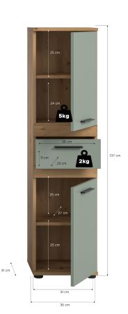 Badezimmer Midischrank Bailey in Salbei und Artisan Eiche Badschrank 35 x 137 cm