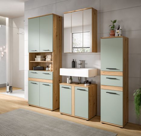 Badezimmer Midischrank Bailey in Salbei und Artisan Eiche Badschrank 35 x 137 cm