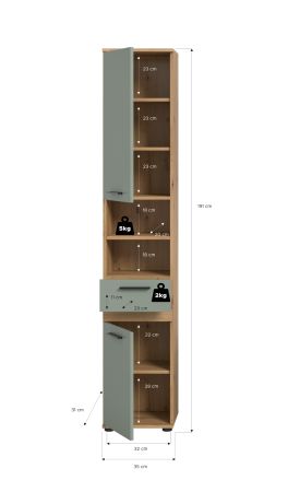 Badezimmer Hochschrank Bailey in Salbei und Artisan Eiche Badschrank 35 x 191 cm