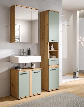 Badezimmer Hochschrank Bailey in Salbei und Artisan Eiche Badschrank 35 x 191 cm