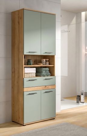 Badezimmer Hochschrank Bailey in Salbei und Artisan Eiche Badschrank 70 x 191 cm