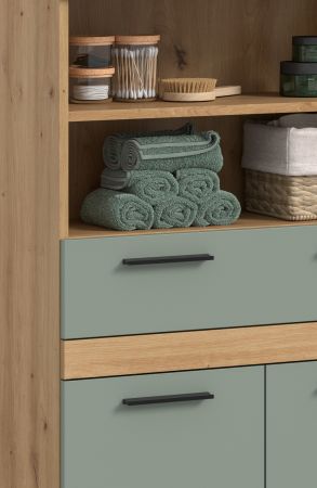 Badezimmer Hochschrank Bailey in Salbei und Artisan Eiche Badschrank 70 x 191 cm