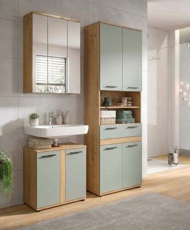 Badezimmer Hochschrank Bailey in Salbei und Artisan Eiche Badschrank 70 x 191 cm