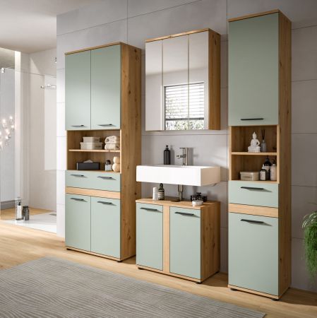 Badezimmer Hochschrank Bailey in Salbei und Artisan Eiche Badschrank 70 x 191 cm