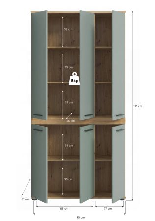 Badezimmer Hochschrank Bailey in Salbei und Artisan Eiche Badschrank 90 x 191 cm