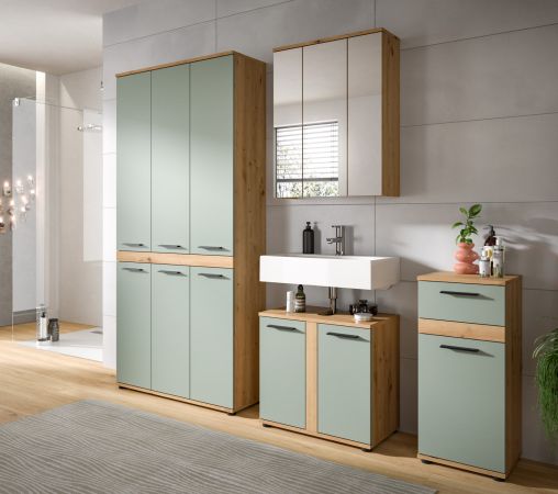 Badezimmer Hochschrank Bailey in Salbei und Artisan Eiche Badschrank 90 x 191 cm