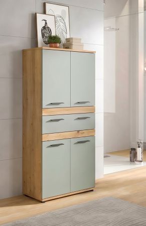 Badezimmer Midischrank Bailey in Salbei und Artisan Eiche Badschrank 70 x 135 cm