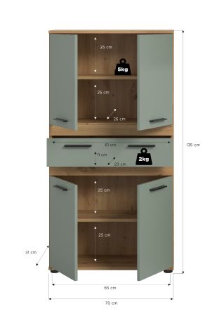 Badezimmer Midischrank Bailey in Salbei und Artisan Eiche Badschrank 70 x 135 cm