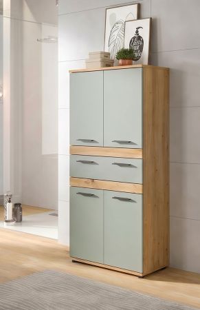 Badezimmer Midischrank Bailey in Salbei und Artisan Eiche Badschrank 70 x 135 cm