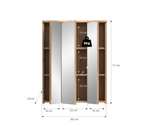 Badezimmer Spiegelschrank Bailey in Artisan Eiche Badschrank 3-t�rig 60 x 77 cm