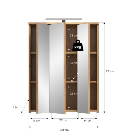 Badezimmer Spiegelschrank Bailey in Artisan Eiche Badschrank 3-t�rig inkl. LED 60 cm