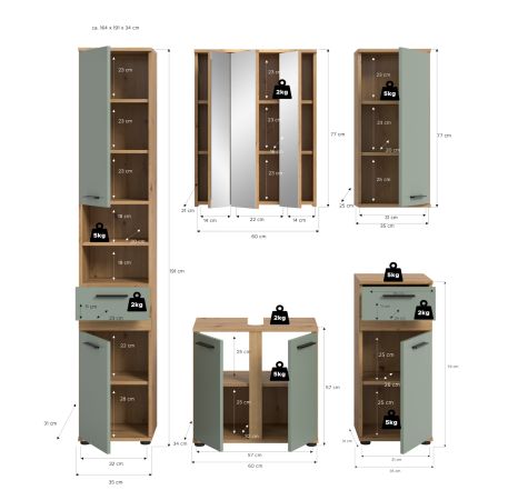 Badm�bel Set 5-teilig Bailey in Salbei und Artisan Eiche Badkombination 164 x 191 cm