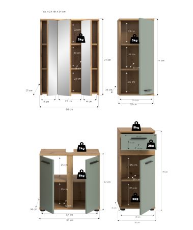 Badm�bel Set 4-teilig Bailey in Salbei und Artisan Eiche Badkombination 112 x 191 cm