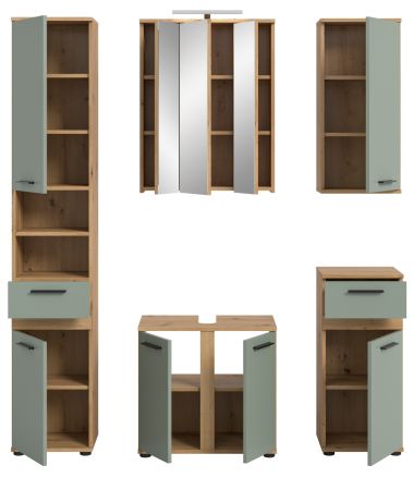 Badm�bel Set 6-teilig Bailey in Salbei und Artisan Eiche Badkombination inkl. LED 164 x 191 cm