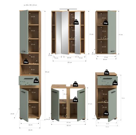 Badm�bel Set 6-teilig Bailey in Salbei und Artisan Eiche Badkombination inkl. LED 164 x 191 cm