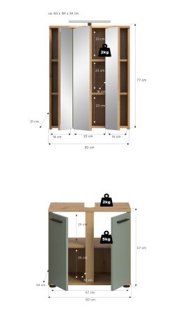 Badm�bel Set 3-teilig Bailey in Salbei und Artisan Eiche Badkombination inkl. LED 60 x 191 cm