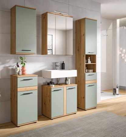 Badm�bel Set 3-teilig Bailey in Salbei und Artisan Eiche Badkombination inkl. LED 60 x 191 cm