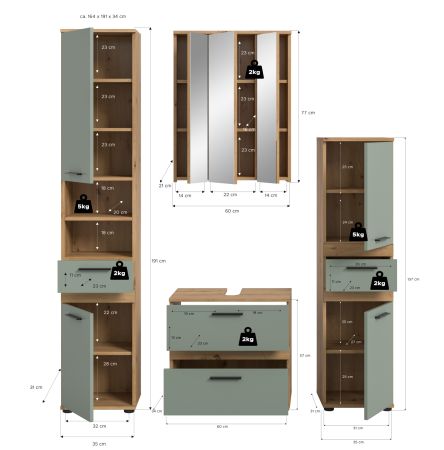 Badm�bel Set 4-teilig Bailey in Salbei und Artisan Eiche Badkombination 164 x 191 cm