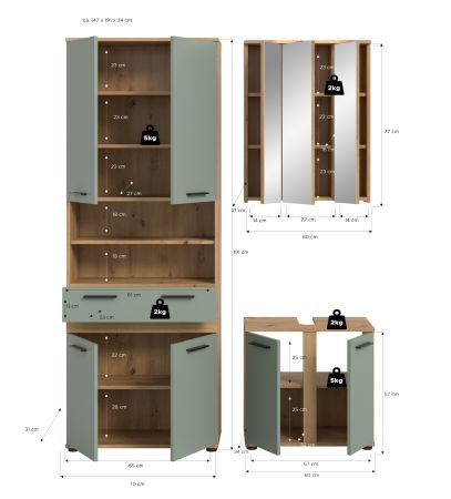 Badm�bel Set 3-teilig Bailey in Salbei und Artisan Eiche Badkombination 147 x 191 cm