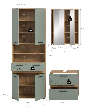 Badm�bel Set 3-teilig Bailey in Salbei und Artisan Eiche Badkombination 147 x 191 cm