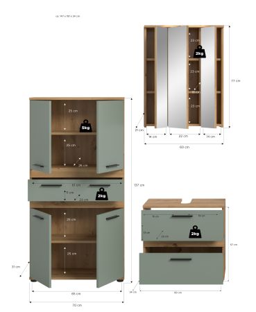Badm�bel Set 3-teilig Bailey in Salbei und Artisan Eiche Badkombination 147 x 191 cm