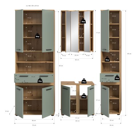 Badm�bel Set 4-teilig Bailey in Salbei und Artisan Eiche Badkombination 199 x 191 cm